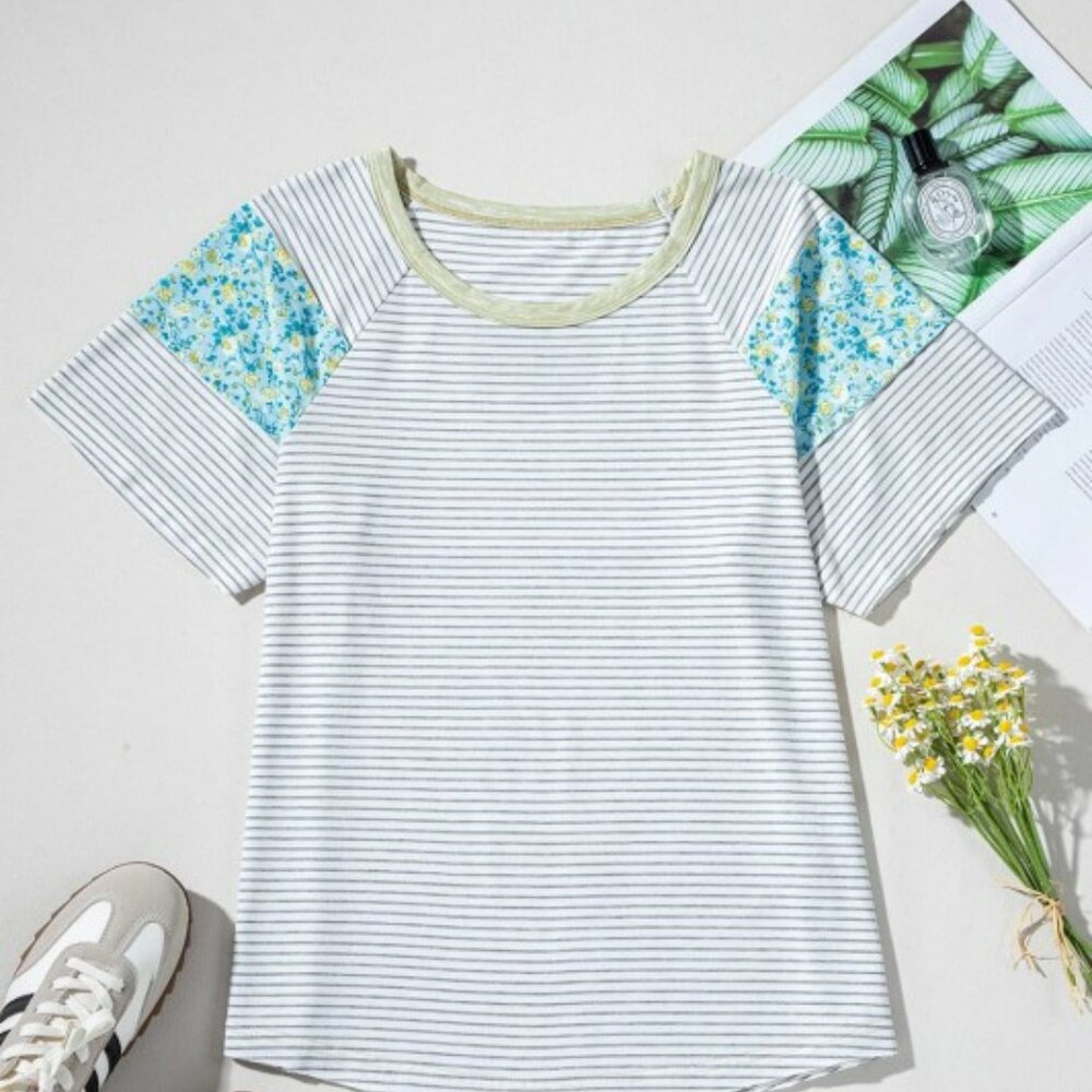 Floral Contrast Stripe Patchwork Raglan Sleeve Tee